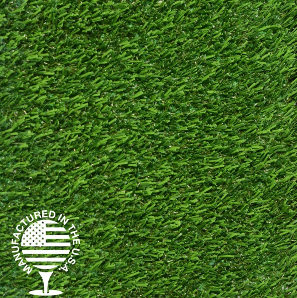 Close-up view of bright green artificial grass with dense, short blades and a uniform texture, showcasing durable, low-maintenance turf made for high-performance landscaping and putting green applications.