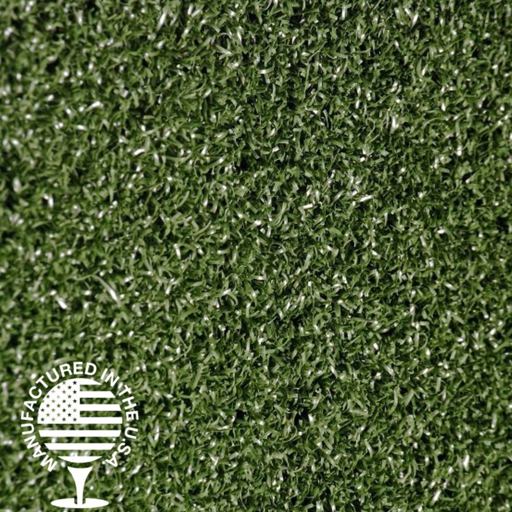 Close up image of artificial turf with a Manufactured in the USA logo in the bottom left.