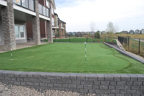 Pittsburgh residential backyard putting green grass near modern home with golf flags
